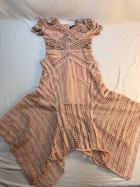 Nevada N Blush Pink Lace Crochet Dress Studded Grommet Handkerchief Hem M